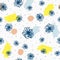 Repeated flowers, brushstrokes, polka dot. Trendy floral seamless pattern.