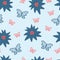 Repeated flowers and butterflies. Floral seamless pattern.