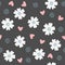 Repeated flowers, hearts and dots. Seamless pattern.