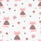 Repeated funny cats, abstract flowers and round dots. Cute seamless pattern.