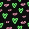 Repeated heart and lips drawn by hand. Doodle seamless pattern.