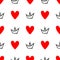 Repeated hearts and crowns drawn by hand. Cute seamless pattern. Sketch, doodle, scribble.