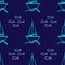 Repeated outline of sailboats and fish drawn by hand. Simple marine seamless pattern.