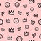 Repeated outlines of crowns, hearts and smiles. Cute seamless pattern for children. Sketch, doodle, scribble.