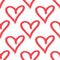 Repeated outlines of hearts drawn by hand with rough brush. Simple romantic seamless pattern.