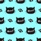 Repeated paw prints and silhouettes of cat heads with text Meow! Cute seamless pattern. Drawn by hand.