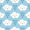 Repeated raindrops and clouds with smiling faces. Cute seamless pattern for kids. Funny children`s print.