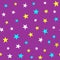 Repeated randomly scattered coloured stars. Colorful seamless pattern for children.
