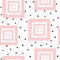 Repeated round spots and squares drawn with a rough brush. Abstract seamless pattern for girls. Watercolor, sketch, paint.