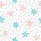 Repeated rounded dots and stars drawn by hand with rough brush. Cute seamless pattern.