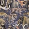 Repeated seamless pattern of a watercolor prehistoric animals