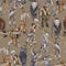 Repeated seamless pattern of a watercolor primordial humans, hunters and warriors