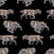 Repeated seamless pattern of a watercolor saber-toothed cat.