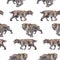 Repeated seamless pattern of a watercolor saber-toothed cat.