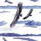 Repeated seamless pattern of a watercolor teratorns flying above the mountains