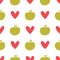 Repeated silhouettes of apples and hearts. Cute fruity seamless pattern.