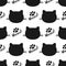 Repeated silhouettes of cat heads and paws. Lettering Meow! Seamless pattern.