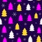 Repeated snowflakes and silhouettes of Christmas trees. Colorful new year seamless pattern.