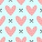 Repeated spotted hearts and crossed arrows drawn by hand. Lovely romantic seamless pattern.