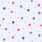 Repeated stars and round spots. Cute seamless pattern for kids. Blue, red, black colors.