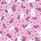 Repeated watercolour brush strokes and round dots. Seamless pattern.
