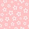 Repeated white round dots and outlines of stars on pink background. Cute seamless pattern for girls.