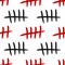 Repeating black and red tally marks on a white background. Seamless pattern.