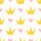 Repeating cute hearts and crowns. Seamless pattern for children.