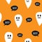 Repeating funny ghosts and speech bubbles with text Boo! Cute seamless pattern for children.