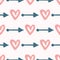 Repeating hearts and arrows drawn by hand with watercolour brush. Cute seamless pattern.