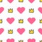 Repeating hearts and crowns drawn by hand with a rough brush. Stylish girly seamless pattern. Sketch, watercolor, paint, graffiti.