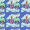 A repeating pattern with fish house, magic tree and cat