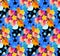 Repeating pattern with watercolor flowers in a vase against huge blue flowers on black background. Seamless print for fabric