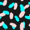 Repeating pink and turquoise brush strokes on black background. Trend seamless pattern.