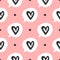 Repeating round dots and bubbles of speech with outlines of hearts. Cute seamless pattern drawn by hand with a rough brush.