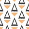 Repeating silhouettes and outlines of triangles. Painted by hand rough brush. Seamless pattern.