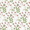 Repeating spring pattern with green twigs, pink flowers, buds and hearts in cartoon style. Handdrawn