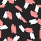 Repeating white and pink brushstrokes on black background. Trendy seamless pattern drawn by hand.