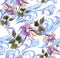 Repeating winter watercolor floral pattern. Watercolor ice design with rose flowers, scrolls, curves