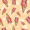 Repetitive background of icecream cones with cherry fruit and sprinkles. Repetitive summer background for kids