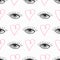 Repetitive eyes with eyelashes and hearts drawn by hand. Cute seamless pattern. Stylish girly doodle print.