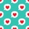 Repetitive speech bubbles with hearts. Romantic seamless pattern. Blue, white, red.