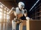 Replacing human labor with robotics. Innovative industry humanoid robot working in warehouse. Concept for industrial revolution