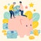 Replenishment of the family budget. People add savings to the piggy bank. In minimalist style. Cartoon flat raster