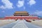 Replica of Forbidden City with walkway and mountain ridge, Hengdian, China