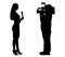 Reportage shooting. Silhouette of female journalist with microphone and  man with video camera. Vector illustration