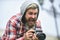 Reporter make photo. vintage camera. capture these memories. SLR camera. hipster man with beard use professional camera