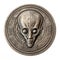 Representation of an ancient Roman coin with an alien face.