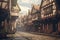 A representation of an English Tudor street, with many beautiful half-timbered buildings and a cobbled road. Digital illustration