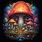 Representation in a logo format of a psychedelic landscape with magic mushrooms and wizards